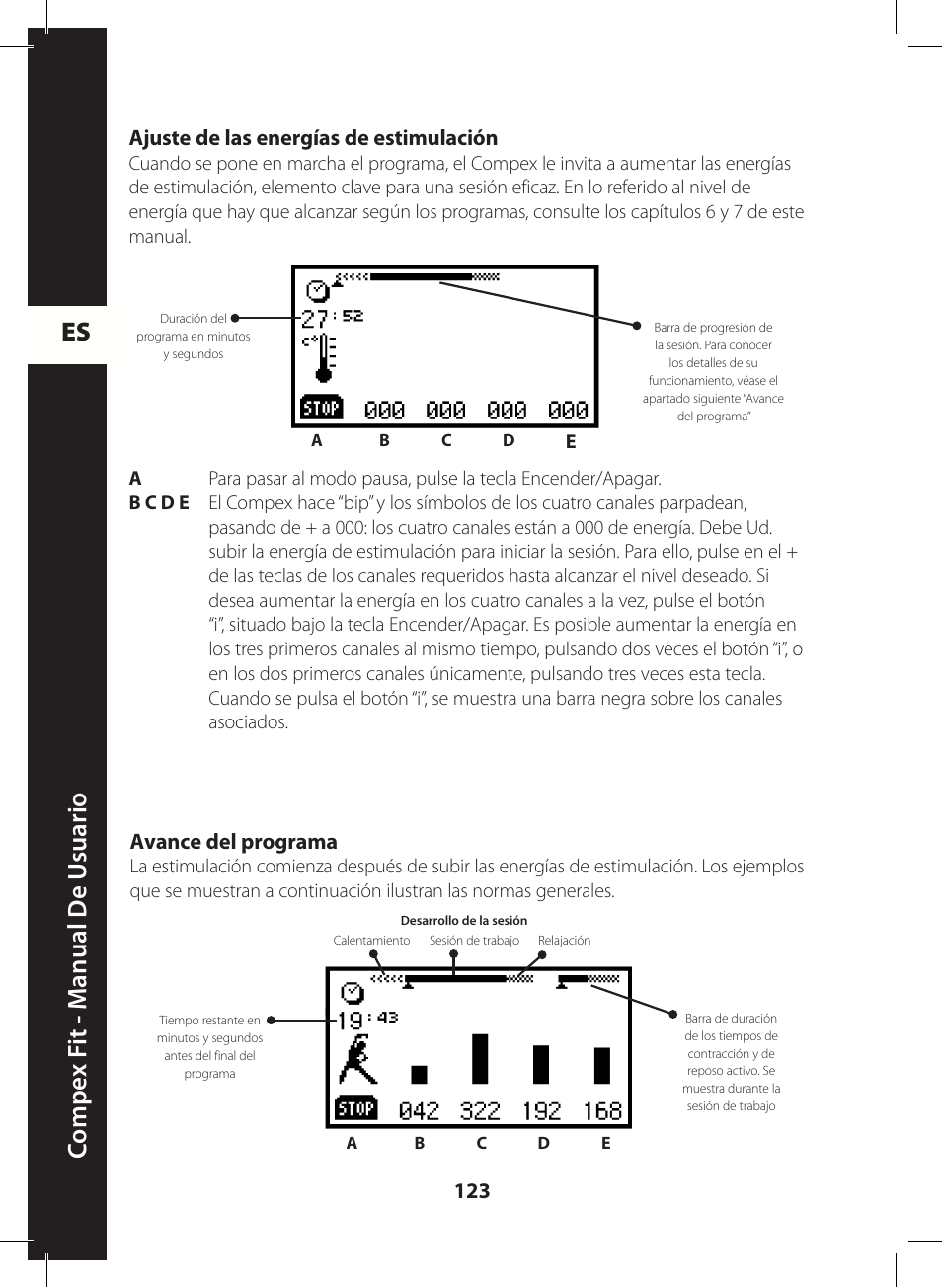 Es c ompe x f it - m anual de u suario, Ajuste de las energías de estimulación, Avance del programa | Compex FIT User Manual | Page 123 / 172