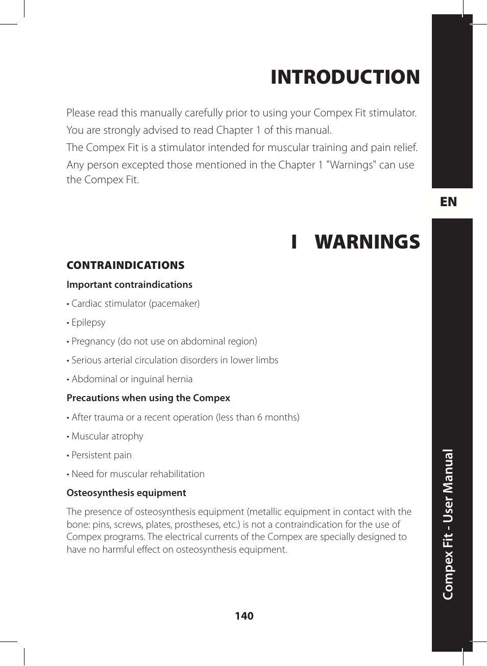 Introduction, I warnings | Compex FIT User Manual | Page 140 / 172