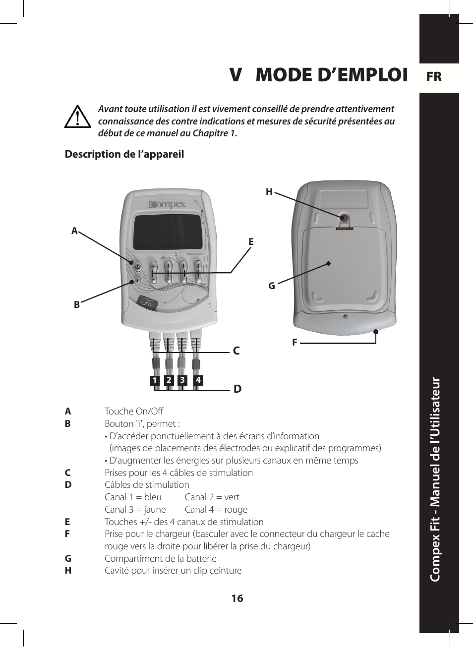 V mode d’emploi, Fr c ompe x f it - m anuel de l ’utilisa teur | Compex FIT User Manual | Page 16 / 172