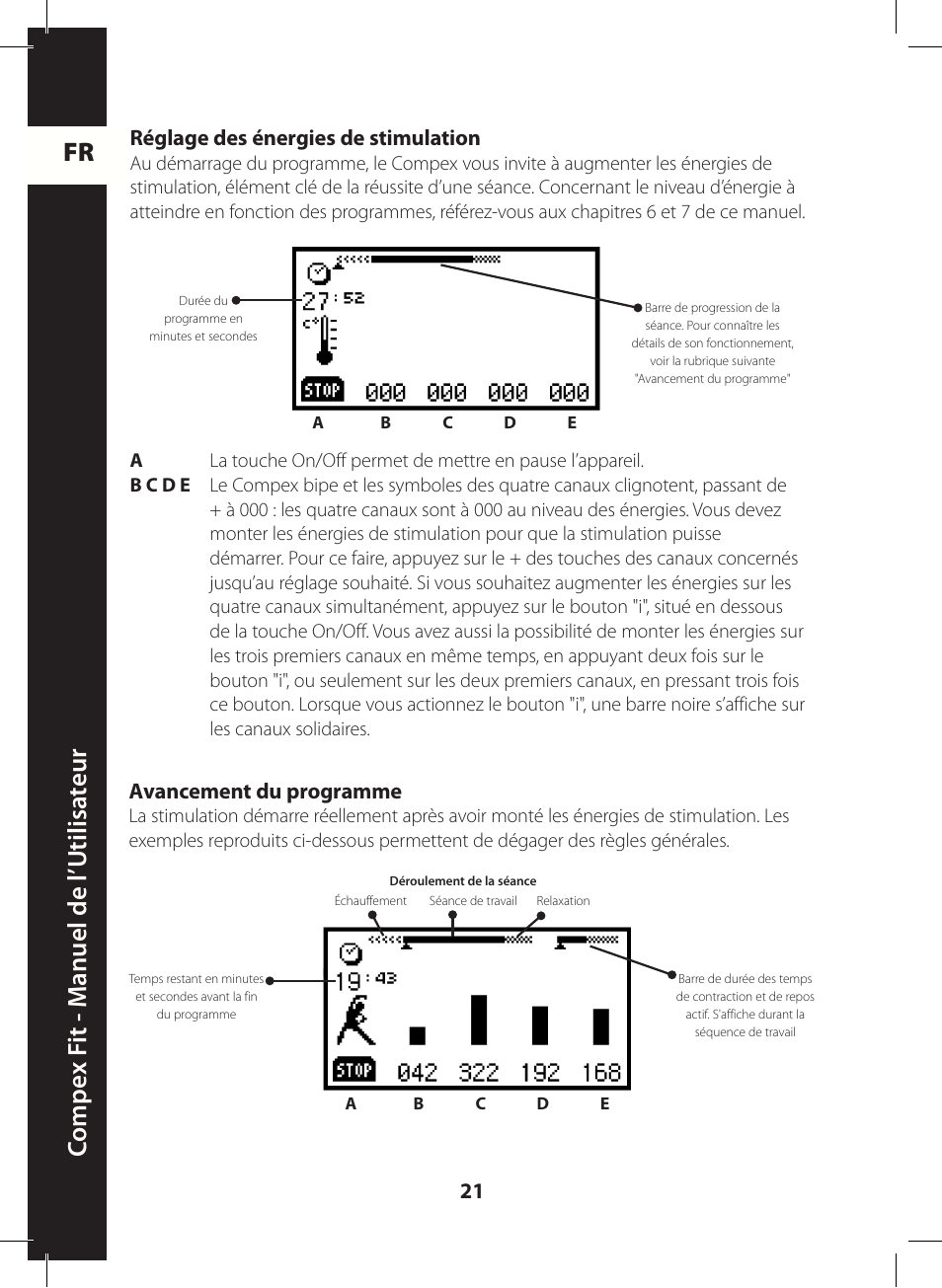 Fr c ompe x f it - m anuel de l ’utilisa teur, Réglage des énergies de stimulation, Avancement du programme | Compex FIT User Manual | Page 21 / 172