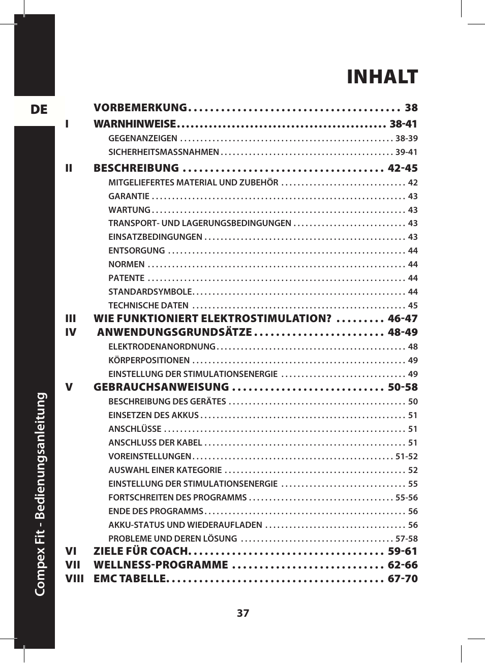 4525160 v3 de, Inhalt, De c ompe x f it - b edienungsanleitung | Compex FIT User Manual | Page 37 / 172