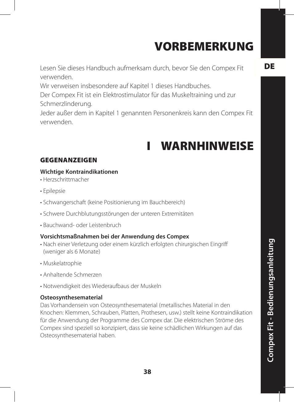 Vorbemerkung, I warnhinweise | Compex FIT User Manual | Page 38 / 172