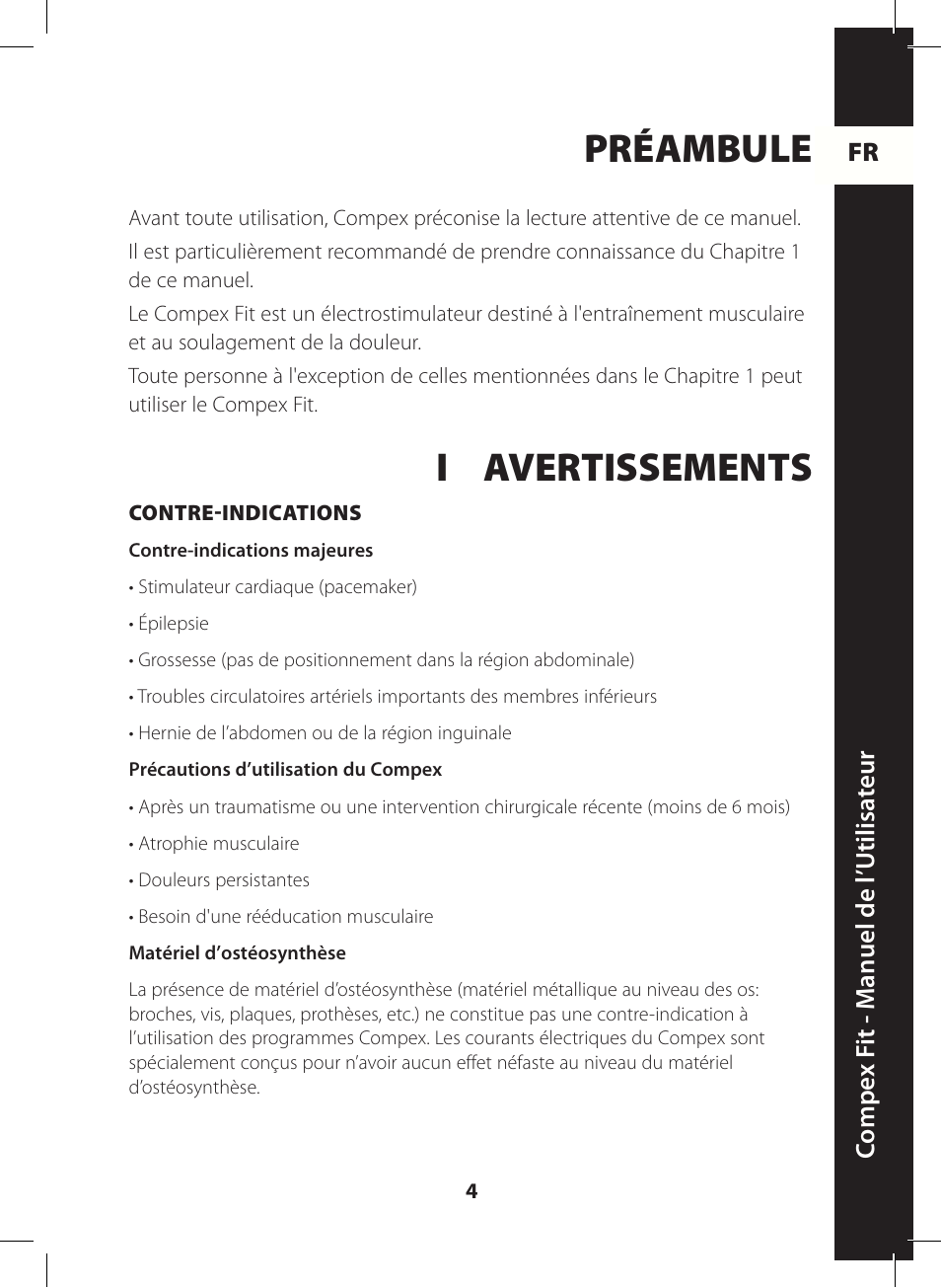 Préambule, I avertissements | Compex FIT User Manual | Page 4 / 172