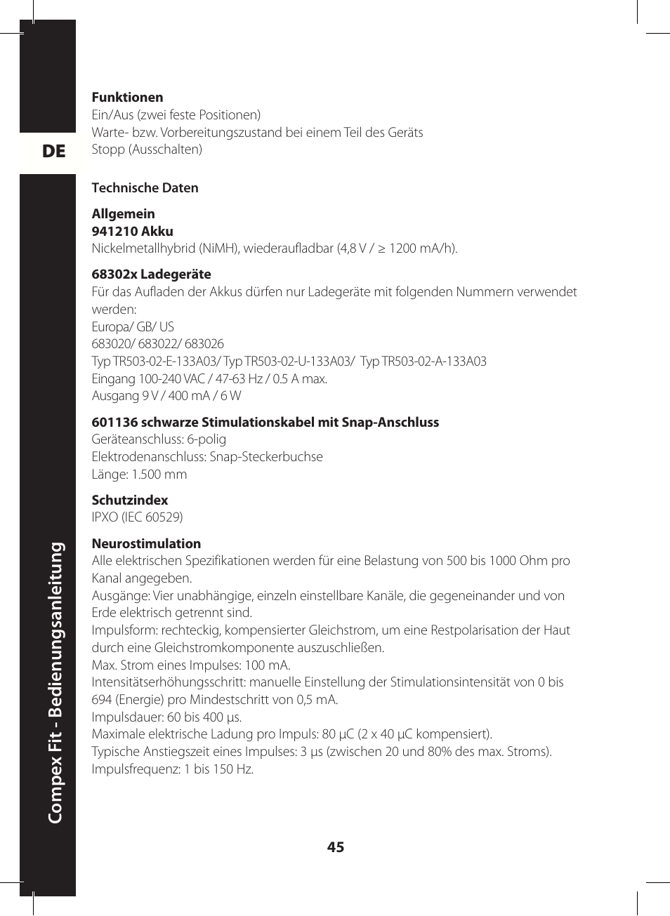 De c ompe x f it - b edienungsanleitung | Compex FIT User Manual | Page 45 / 172