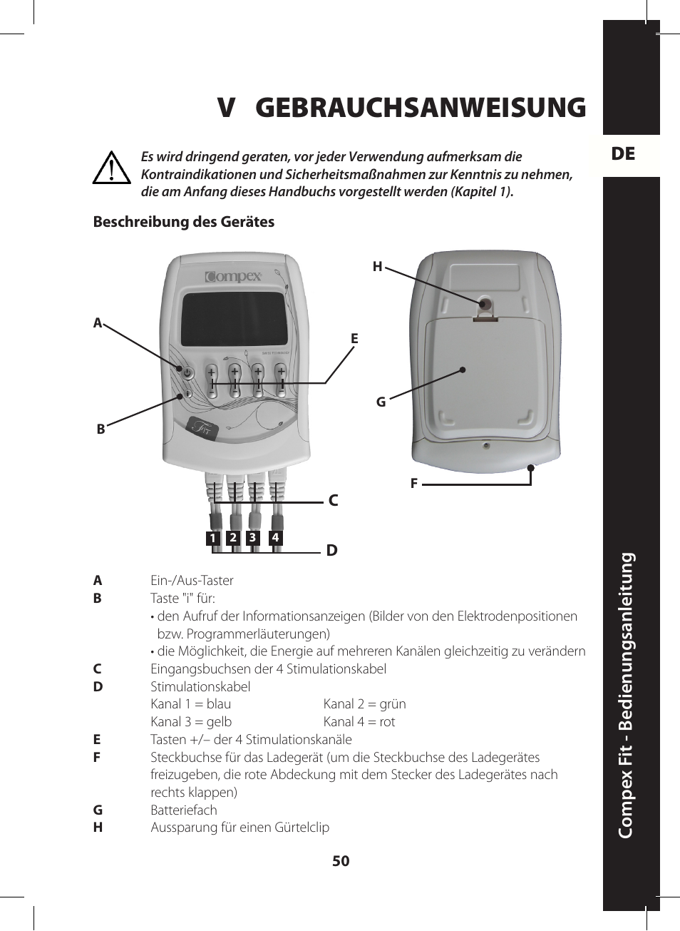 V gebrauchsanweisung, De c ompe x f it - b edienungsanleitung | Compex FIT User Manual | Page 50 / 172
