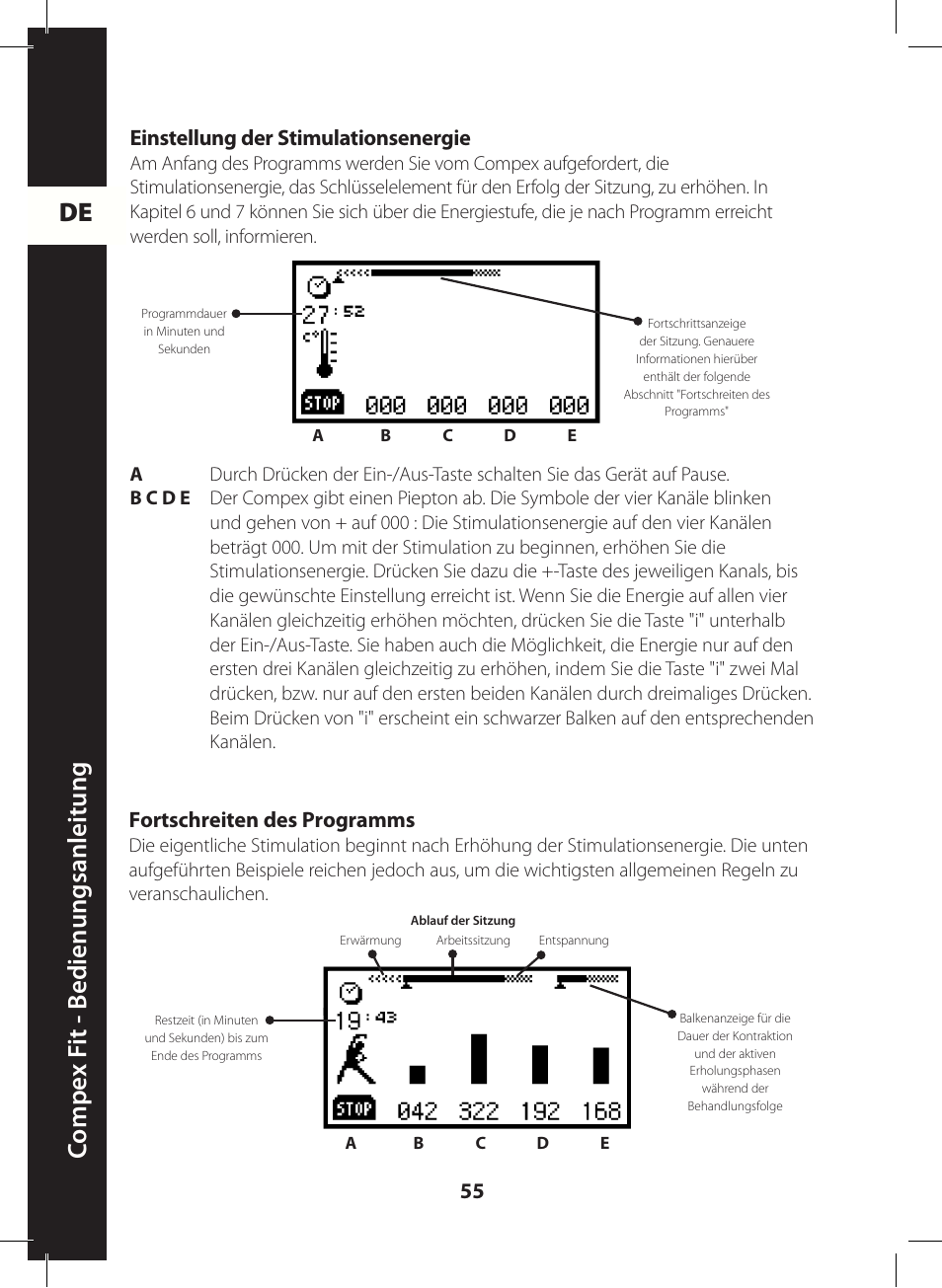 De c ompe x f it - b edienungsanleitung, Einstellung der stimulationsenergie, Fortschreiten des programms | Compex FIT User Manual | Page 55 / 172