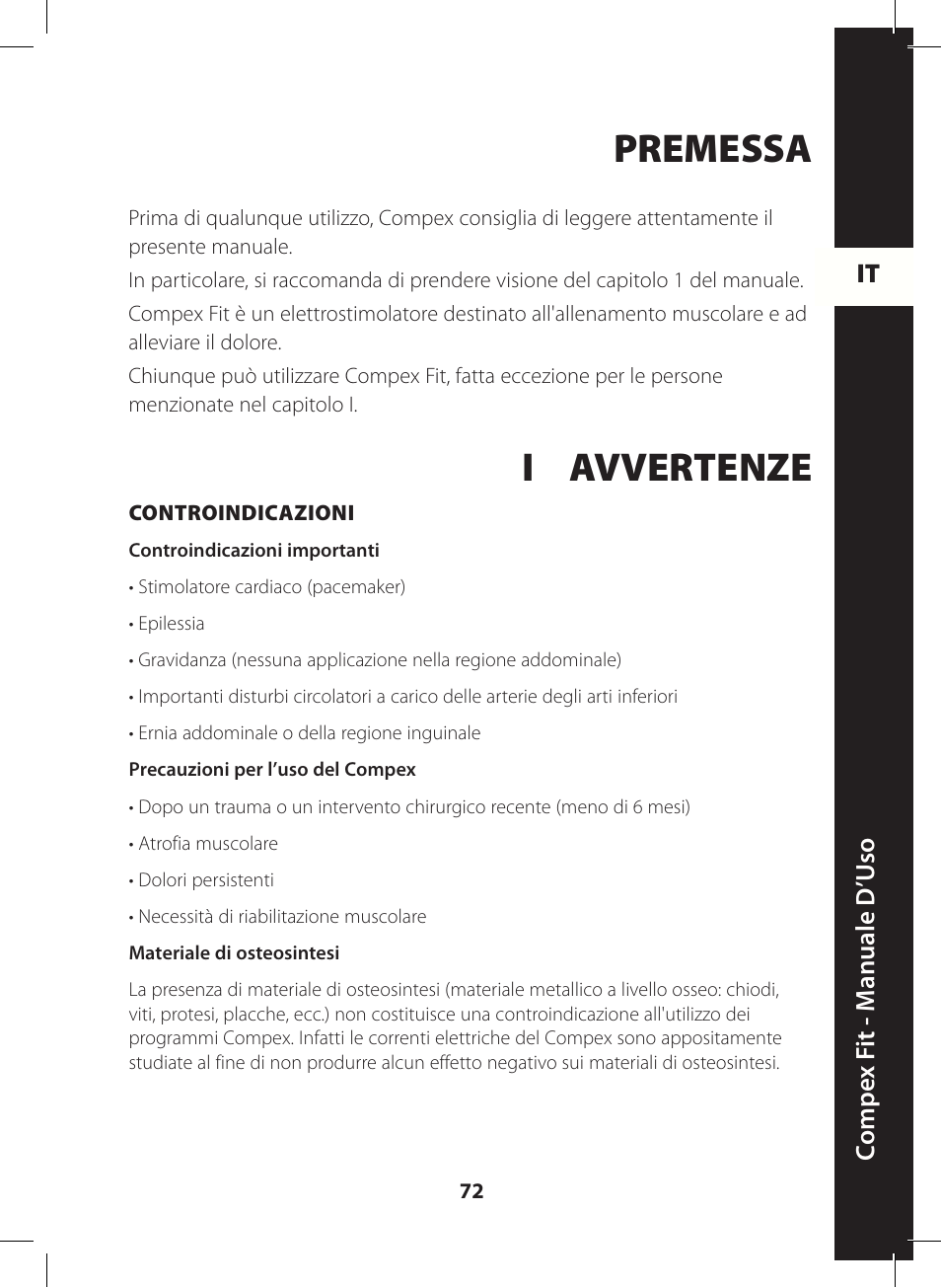 Premessa, I avvertenze | Compex FIT User Manual | Page 72 / 172