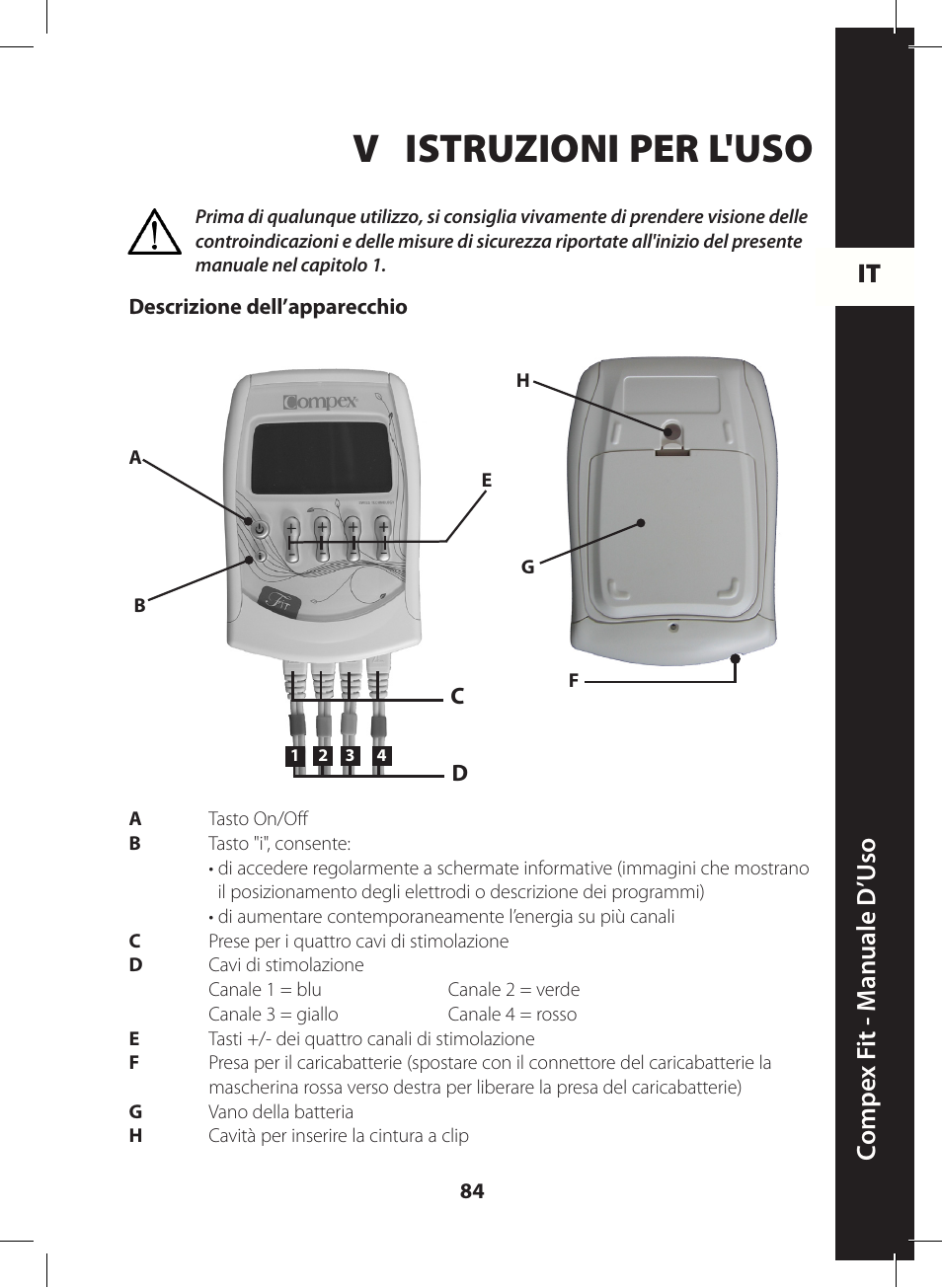V istruzioni per l'uso, It c ompe x f it - m anuale d ’u so | Compex FIT User Manual | Page 84 / 172