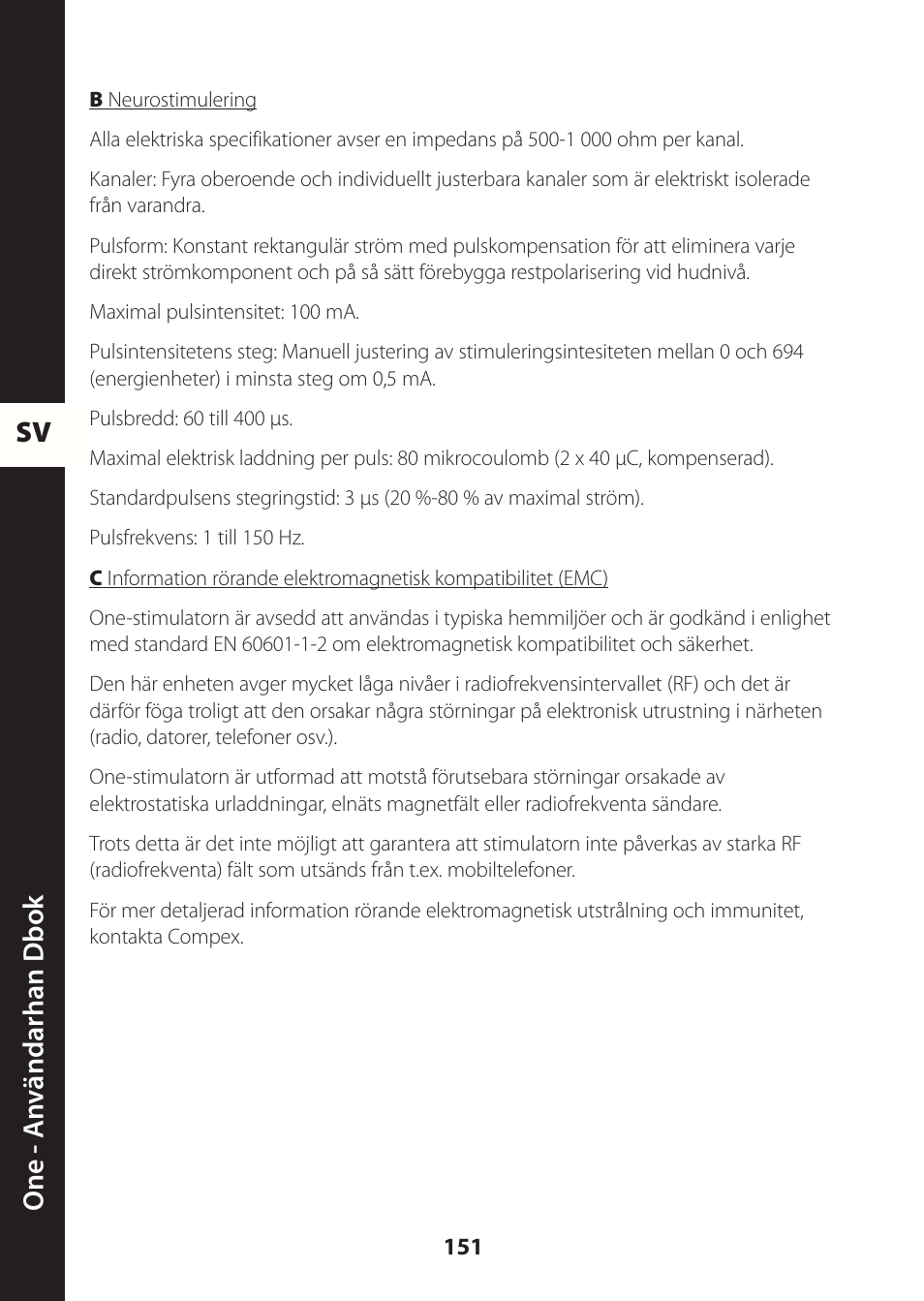 Sv one - a nv ändarhan dbok | Compex ONE User Manual | Page 154 / 256