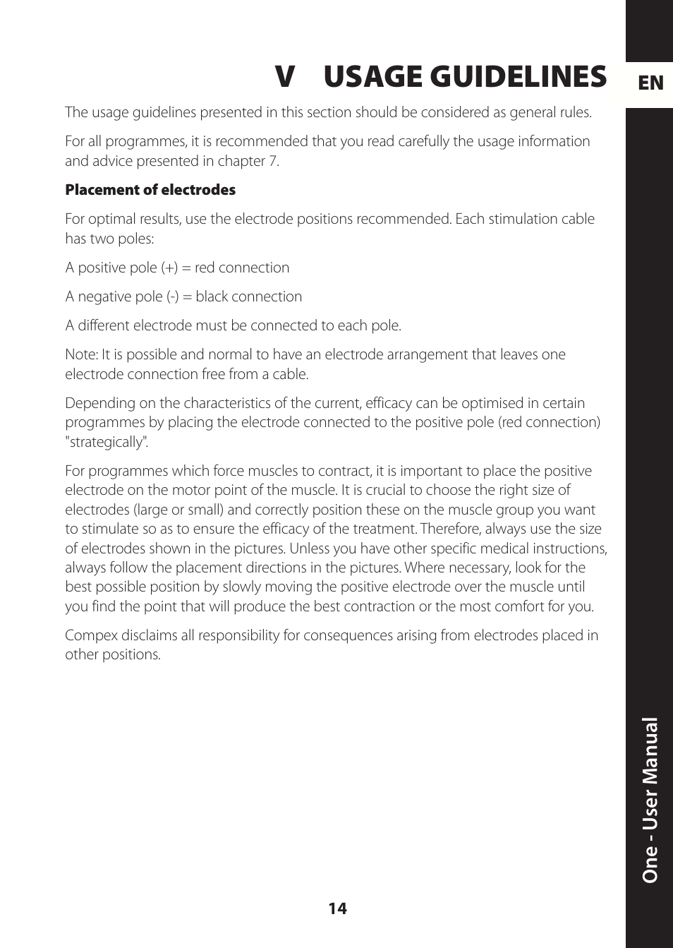 V usage guidelines, En one - u ser m anual | Compex ONE User Manual | Page 17 / 256
