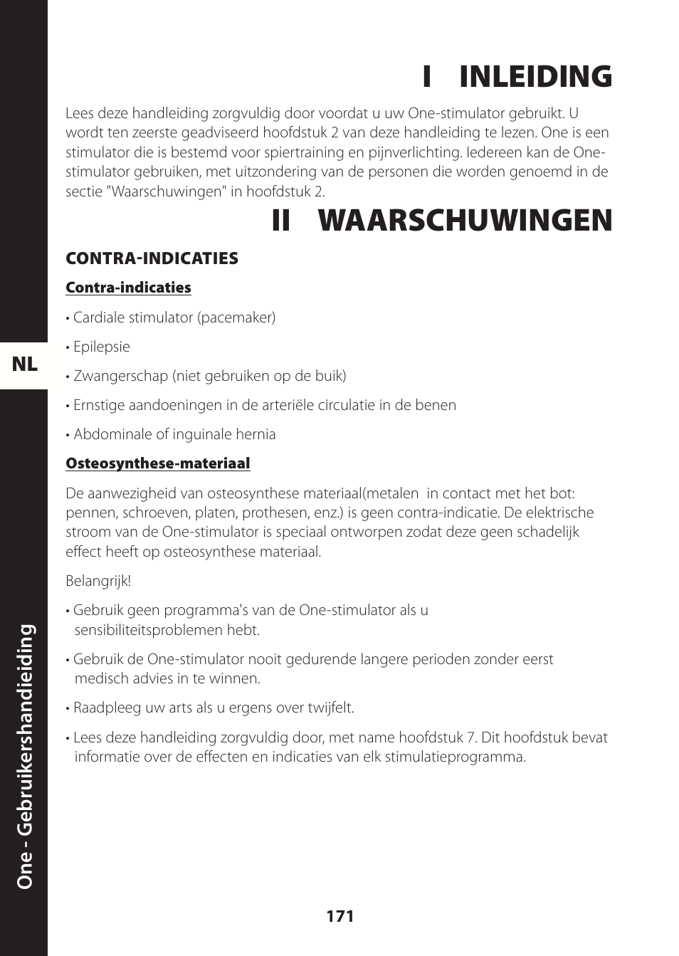 I inleiding, Ii waarschuwingen, Nl one - g ebruik ershandieiding | Compex ONE User Manual | Page 174 / 256