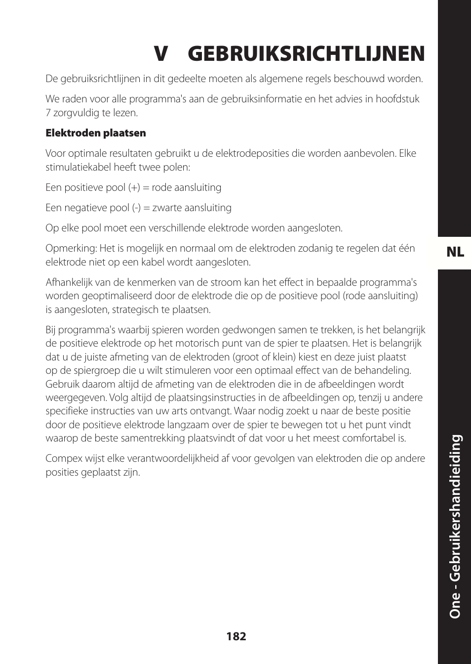 V gebruiksrichtlijnen, Nl one - g ebruik ershandieiding | Compex ONE User Manual | Page 185 / 256