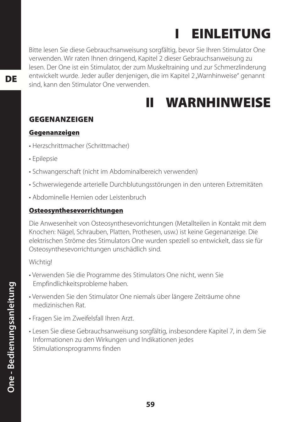 I einleitung, Ii warnhinweise, De one - b edienungsanleitung | Compex ONE User Manual | Page 62 / 256
