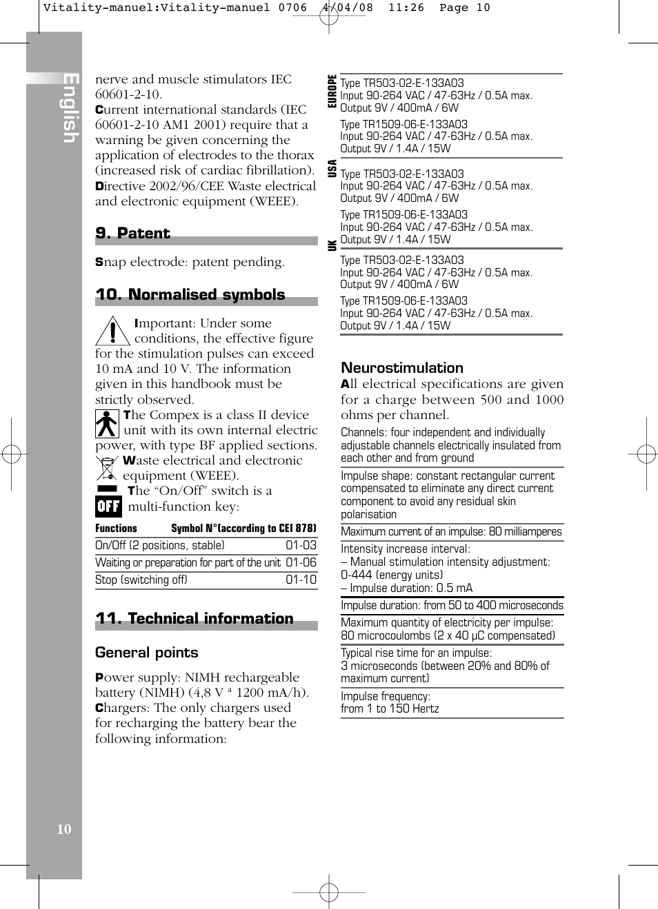 English, Patent, Normalised symbols | Technical information | Compex Vitality User Manual | Page 10 / 308