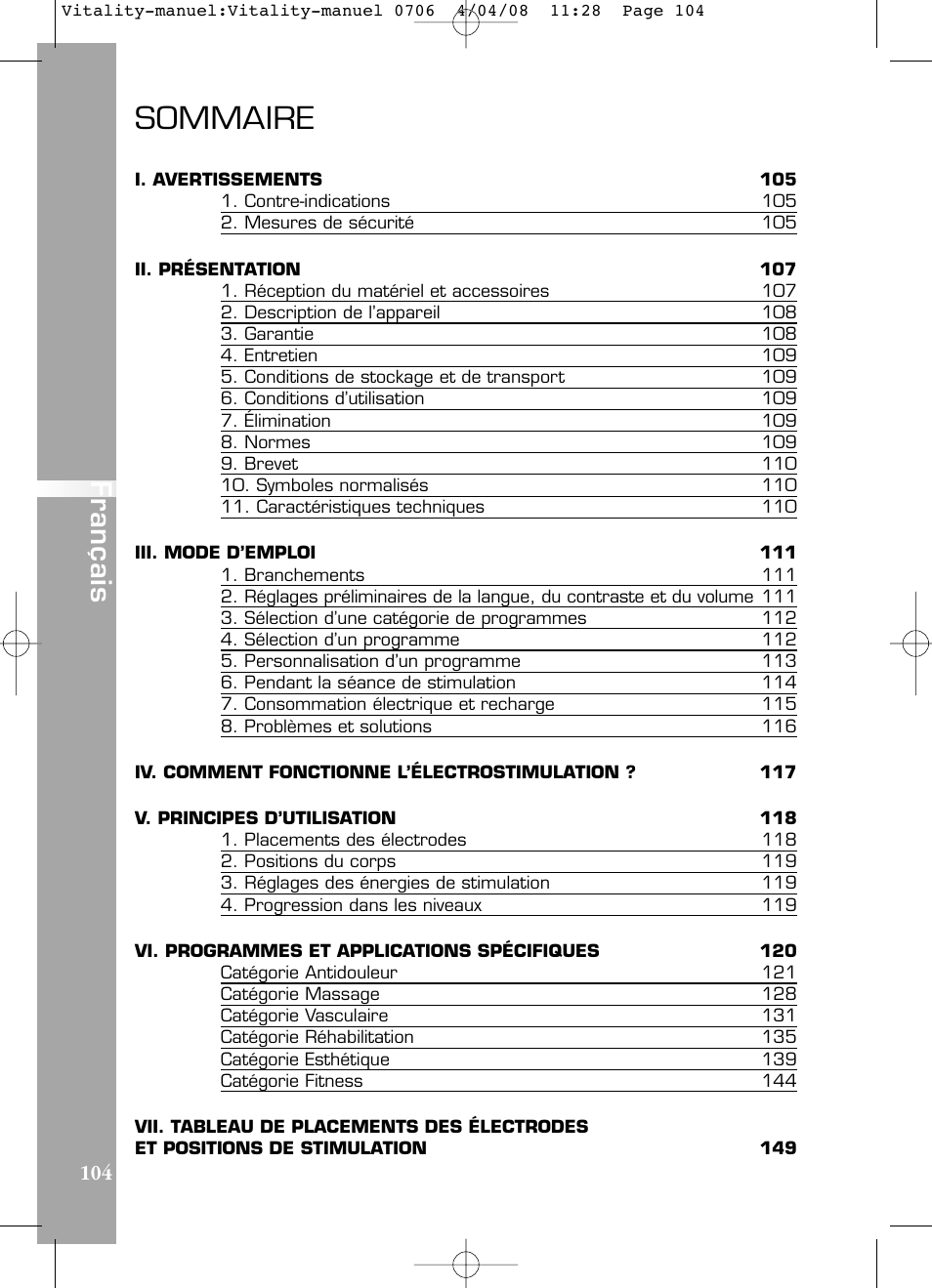 Sommaire, Français | Compex Vitality User Manual | Page 104 / 308