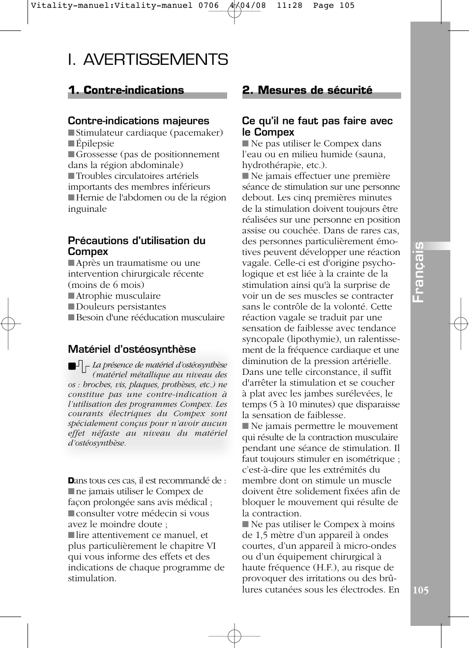 I. avertissements, Français | Compex Vitality User Manual | Page 105 / 308