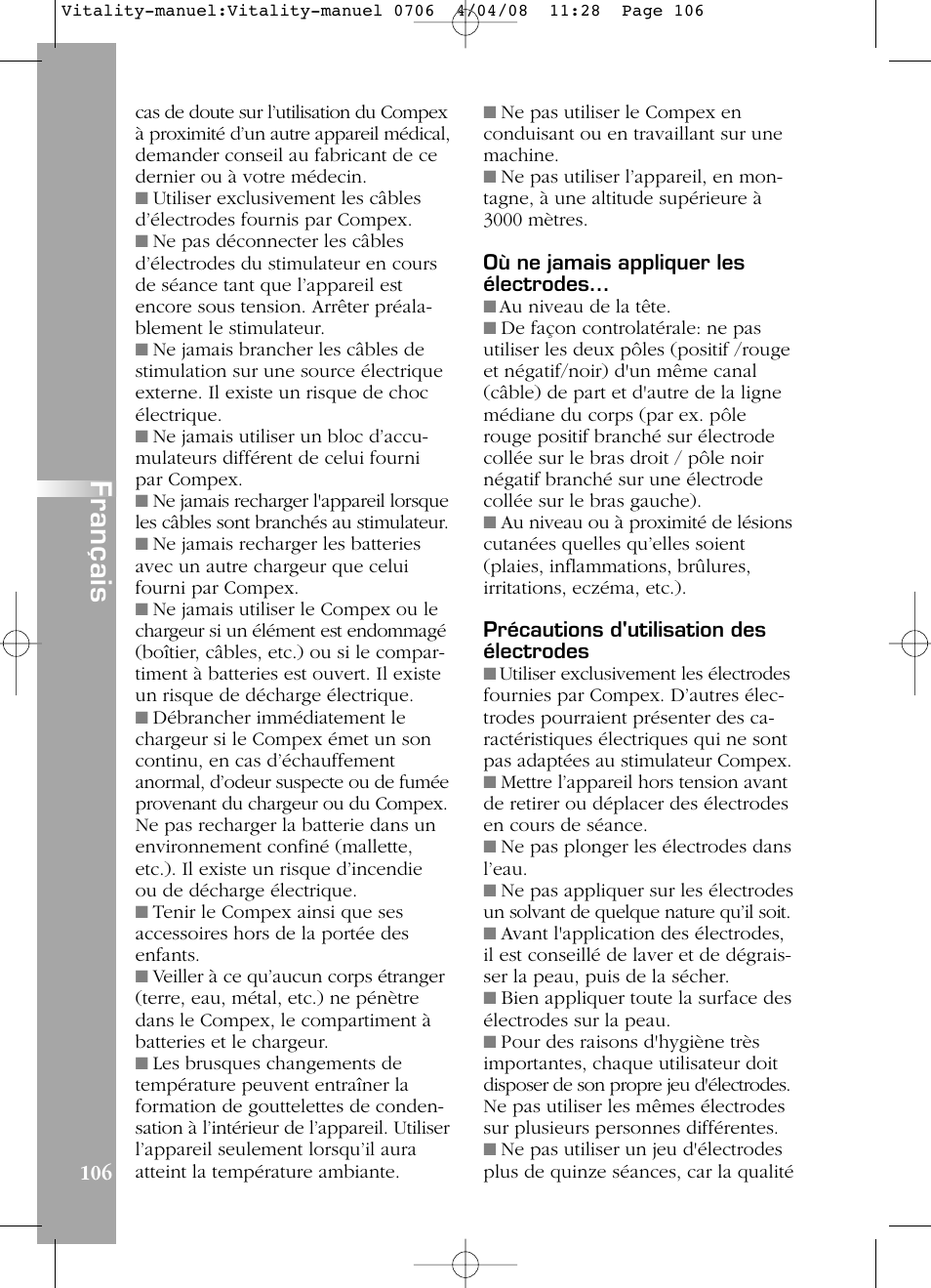 Français | Compex Vitality User Manual | Page 106 / 308