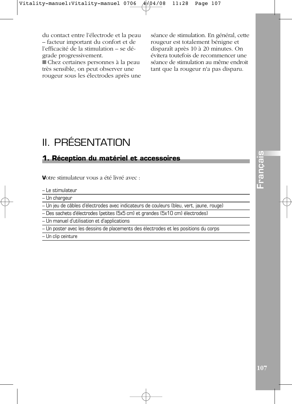Ii. présentation, Français, Réception du matériel et accessoires | Compex Vitality User Manual | Page 107 / 308