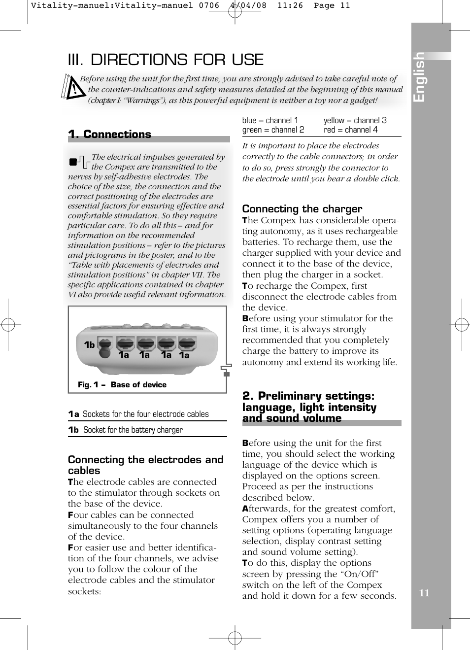 Iii. directions for use, English, 11 1. connections | Compex Vitality User Manual | Page 11 / 308