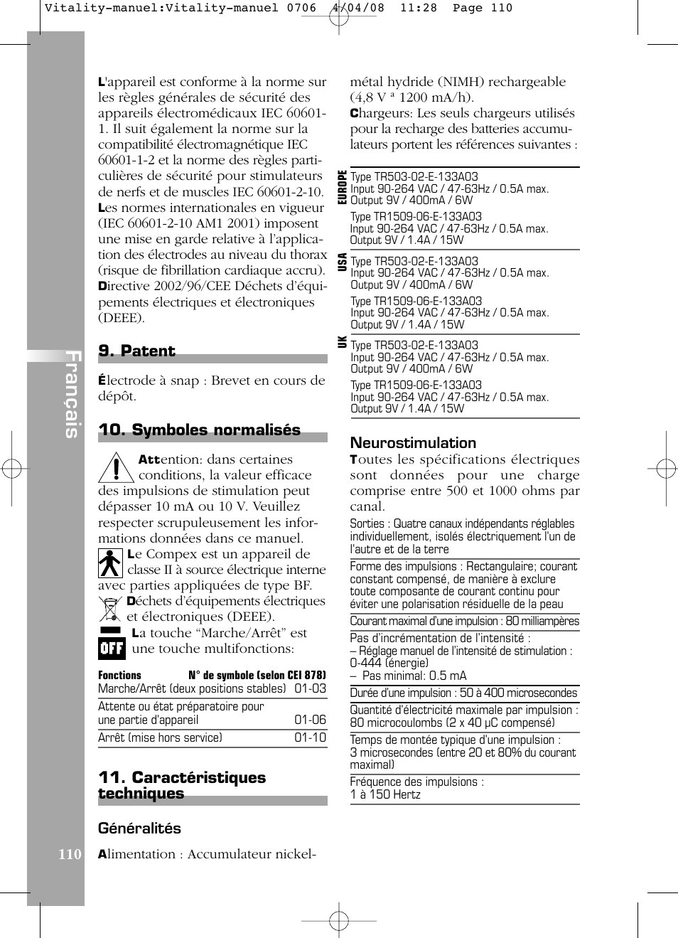 Français, Patent, Symboles normalisés | Caractéristiques techniques | Compex Vitality User Manual | Page 110 / 308