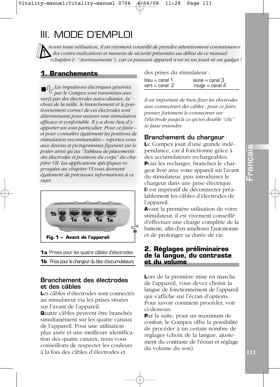 Iii. mode d’emploi, Français, Branchements | Compex Vitality User Manual | Page 111 / 308
