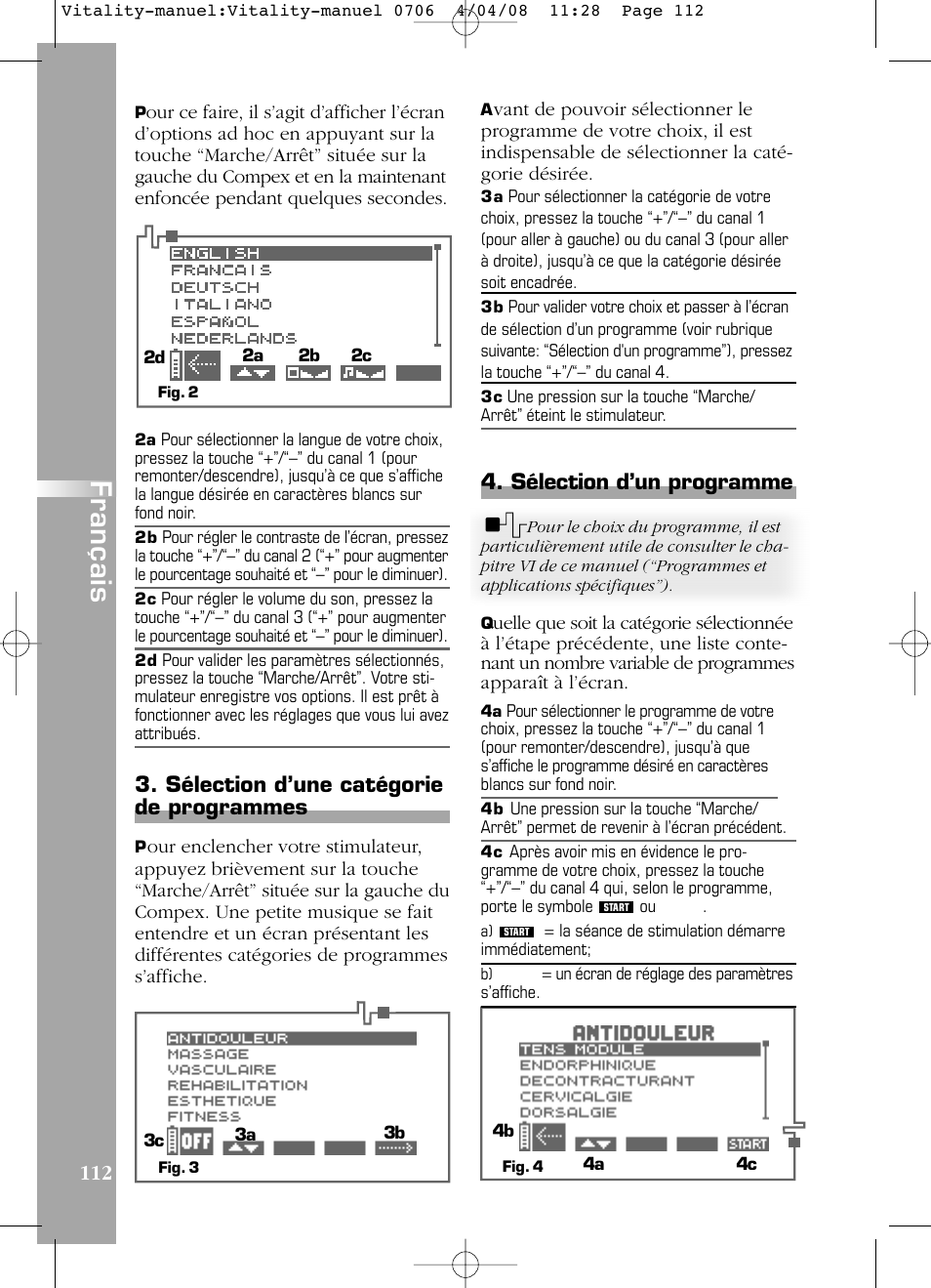 Français, Sélection d’un programme, Sélection d’une catégorie de programmes | Compex Vitality User Manual | Page 112 / 308