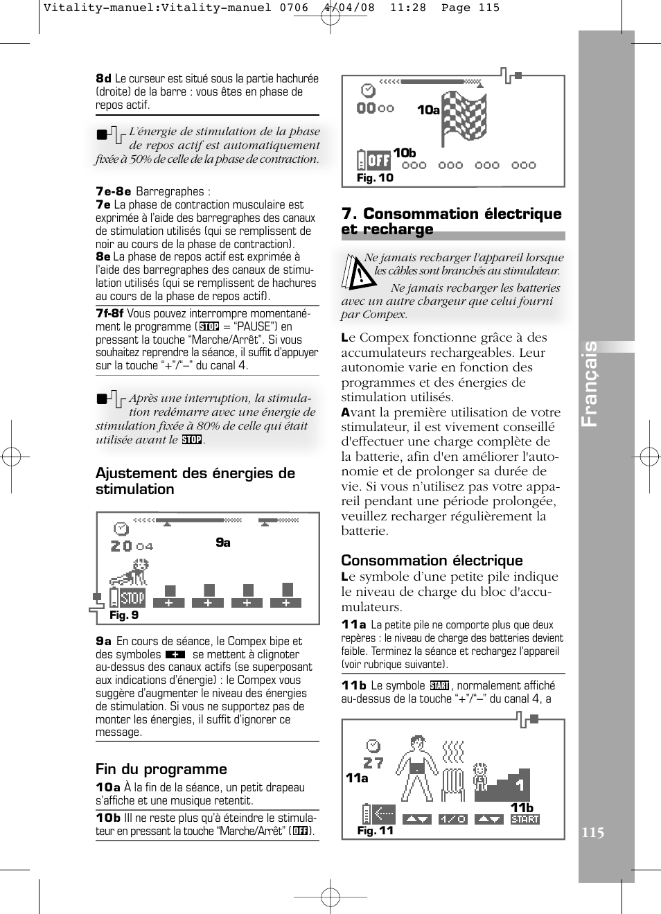 Français, Consommation électrique et recharge, Ajustement des énergies de stimulation | Fin du programme, Consommation électrique | Compex Vitality User Manual | Page 115 / 308