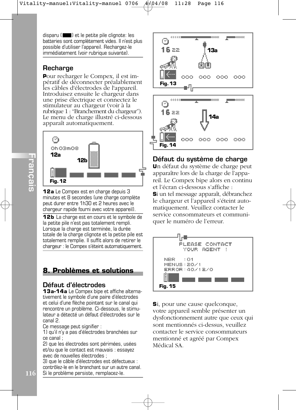 Français, Problèmes et solutions | Compex Vitality User Manual | Page 116 / 308
