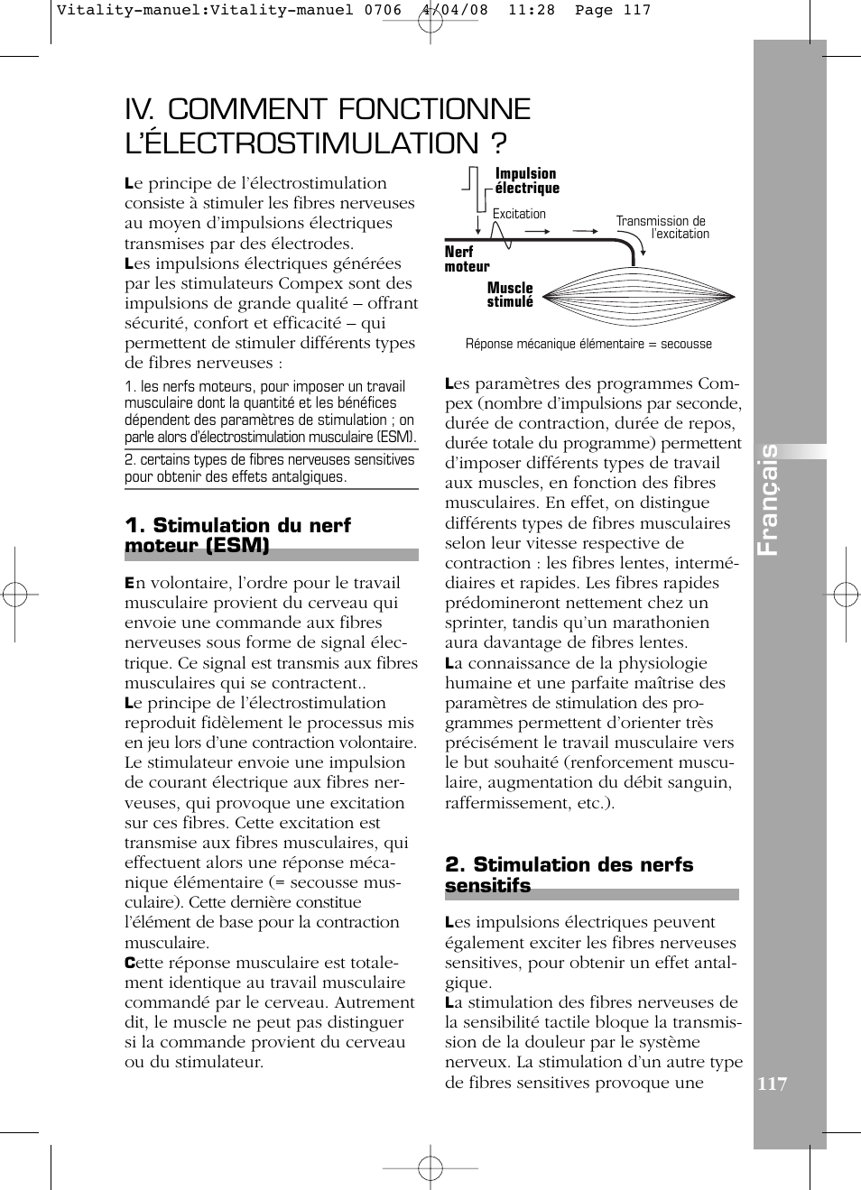 Iv. comment fonctionne l’électrostimulation, Français, Stimulation du nerf moteur (esm) | Stimulation des nerfs sensitifs | Compex Vitality User Manual | Page 117 / 308