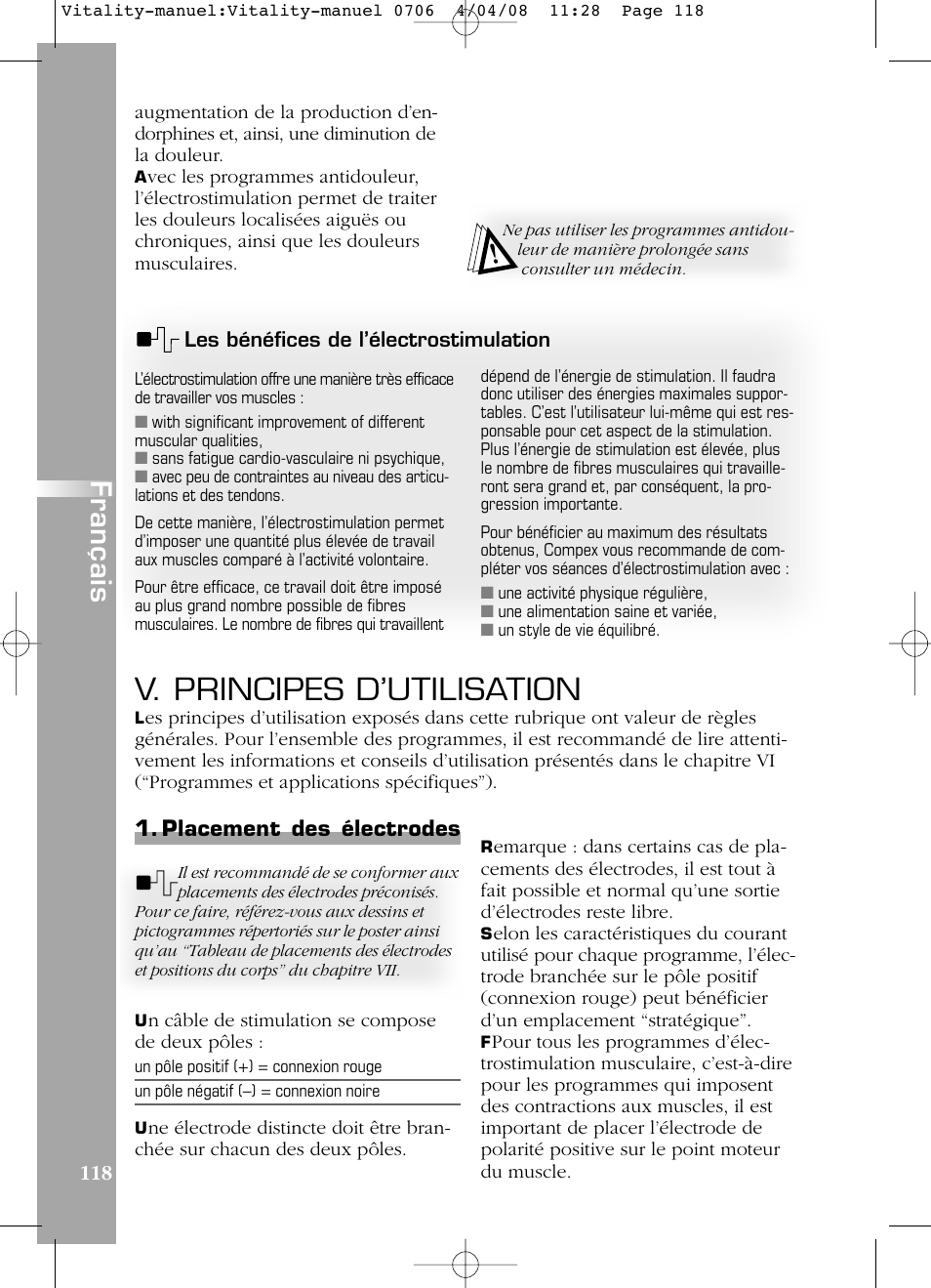 V. principes d’utilisation, Français, Placement des électrodes | Compex Vitality User Manual | Page 118 / 308