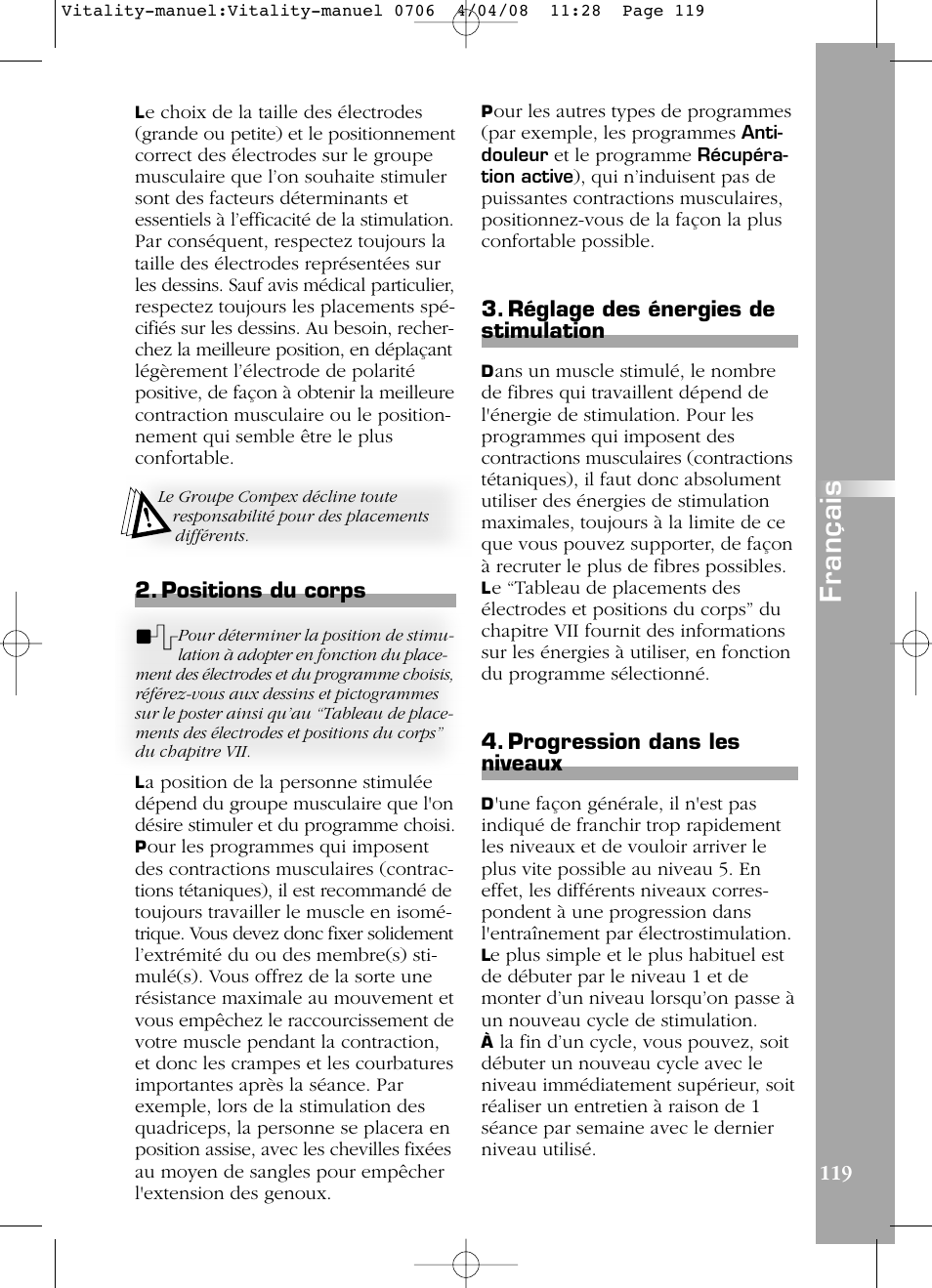 Français, Positions du corps, Réglage des énergies de stimulation | Progression dans les niveaux | Compex Vitality User Manual | Page 119 / 308