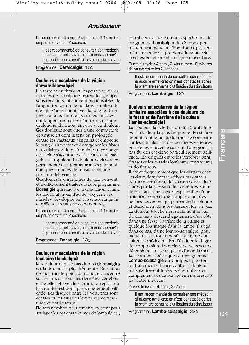 Français, Antidouleur 125 | Compex Vitality User Manual | Page 125 / 308