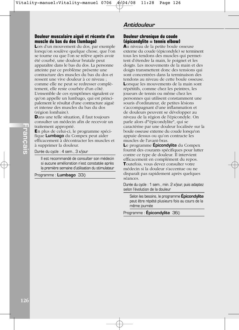 Français, Antidouleur 126 | Compex Vitality User Manual | Page 126 / 308