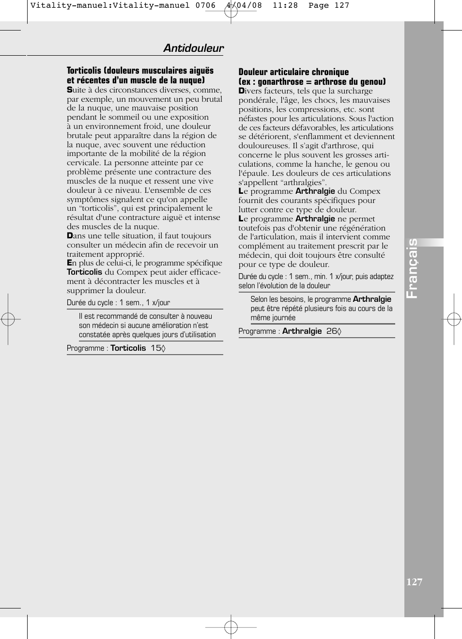 Français, Antidouleur 127 | Compex Vitality User Manual | Page 127 / 308