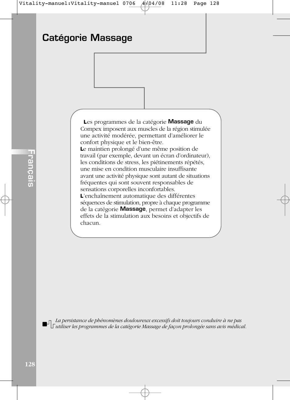 Catégorie massage, Français | Compex Vitality User Manual | Page 128 / 308