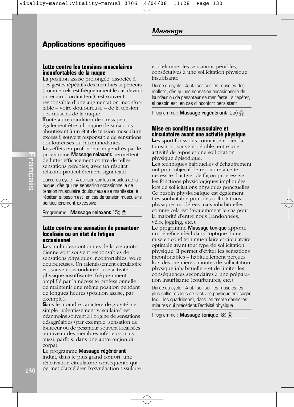 Français, Massage, Applications spécifiques 130 | Compex Vitality User Manual | Page 130 / 308
