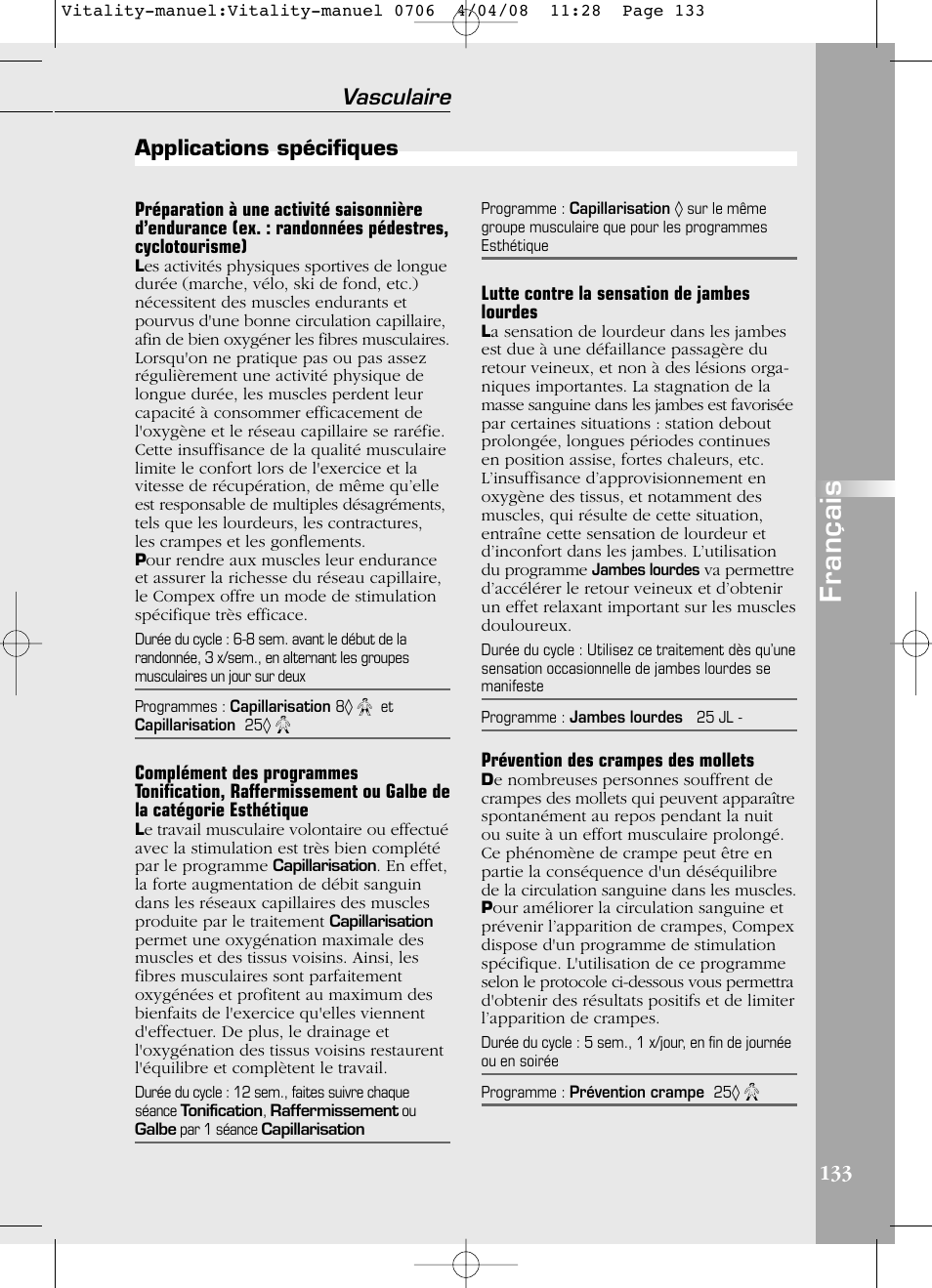 Français, Applications spécifiques vasculaire 133 | Compex Vitality User Manual | Page 133 / 308