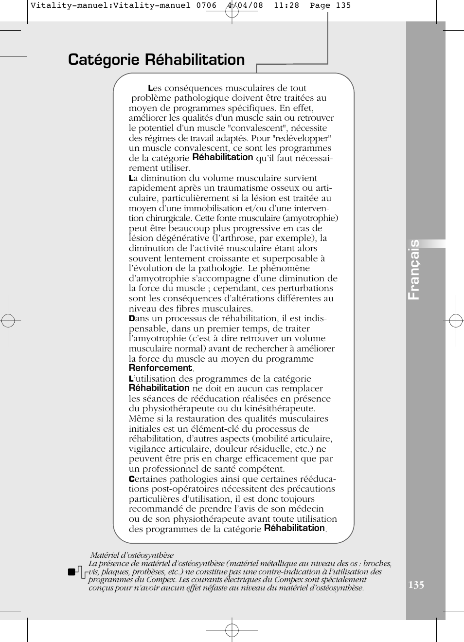 Catégorie réhabilitation, Français | Compex Vitality User Manual | Page 135 / 308