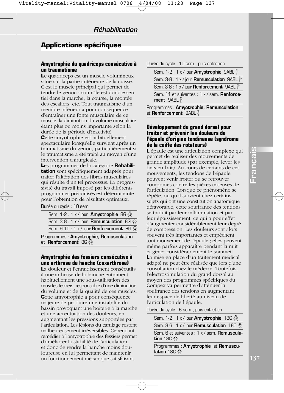 Français, Réhabilitation, Applications spécifiques 137 | Compex Vitality User Manual | Page 137 / 308