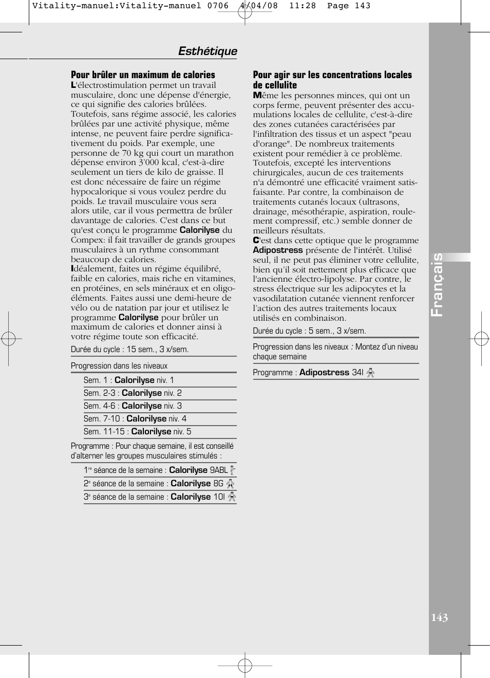Français, Esthétique | Compex Vitality User Manual | Page 143 / 308