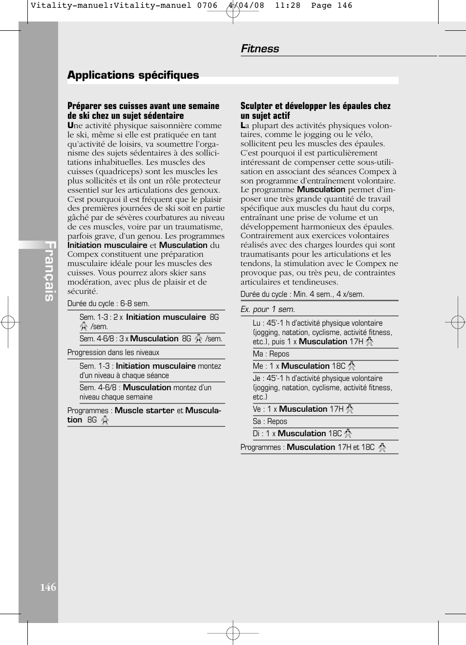 Français, Fitness, Applications spécifiques | Compex Vitality User Manual | Page 146 / 308