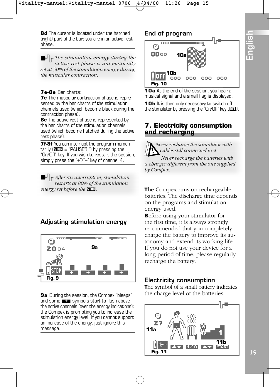 English, Electricity consumption and recharging, Adjusting stimulation energy | End of program, Electricity consumption | Compex Vitality User Manual | Page 15 / 308