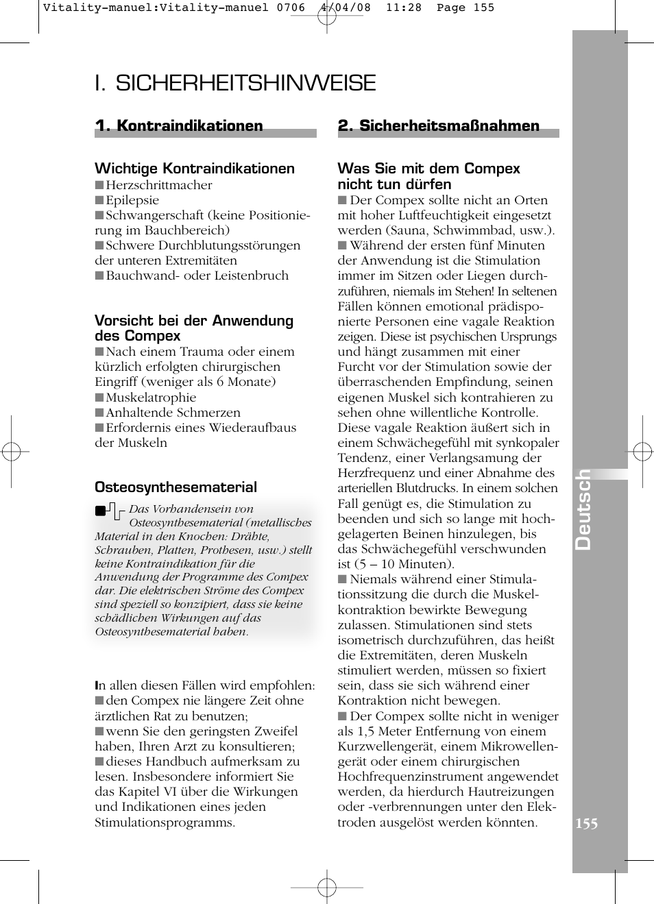 I. sicherheitshinweise, Deutsch | Compex Vitality User Manual | Page 155 / 308