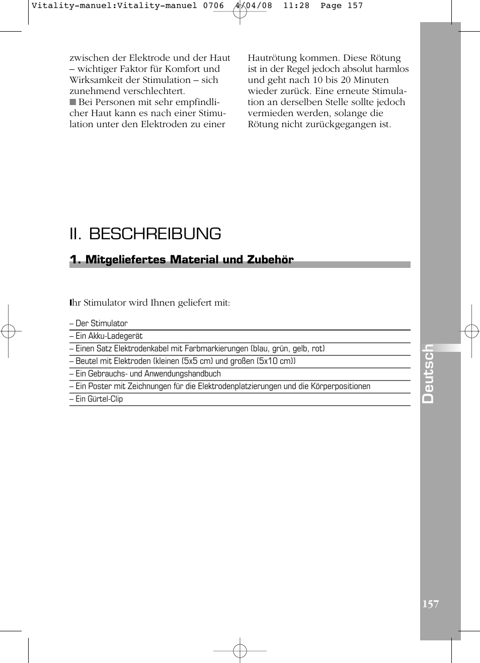 Ii. beschreibung, Deutsch, Mitgeliefertes material und zubehör | Compex Vitality User Manual | Page 157 / 308