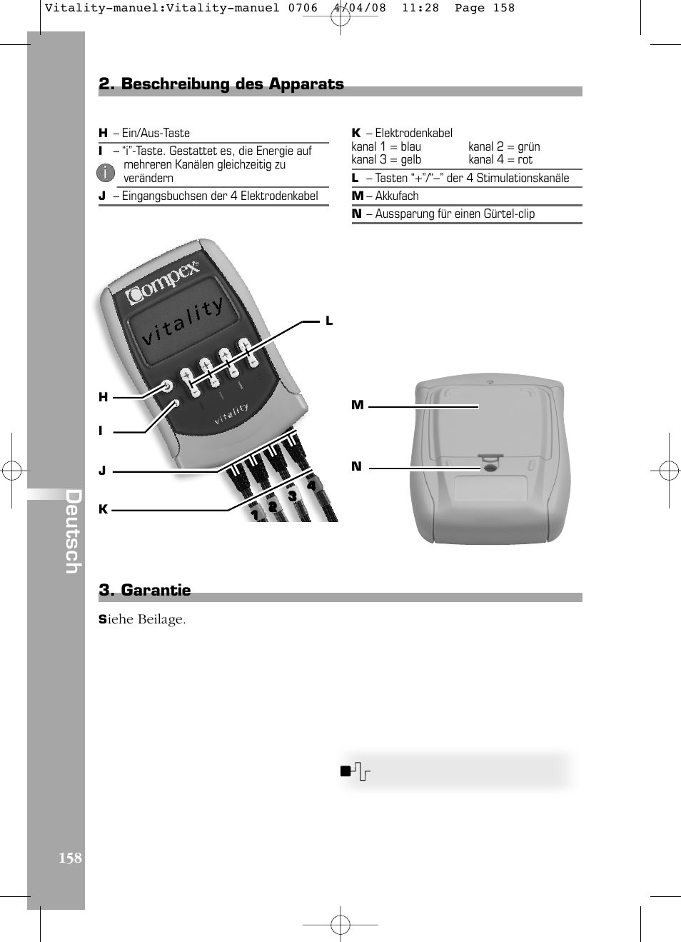 Deutsch, Garantie, Beschreibung des apparats | Compex Vitality User Manual | Page 158 / 308