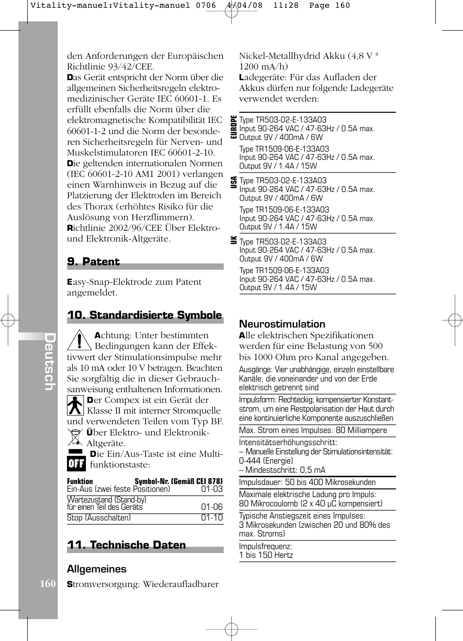 Deutsch, Patent, Standardisierte symbole | Technische daten | Compex Vitality User Manual | Page 160 / 308