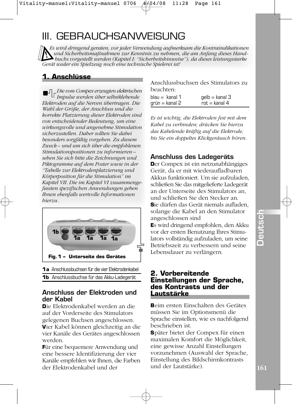 Iii. gebrauchsanweisung, Deutsch, Anschlüsse | Compex Vitality User Manual | Page 161 / 308
