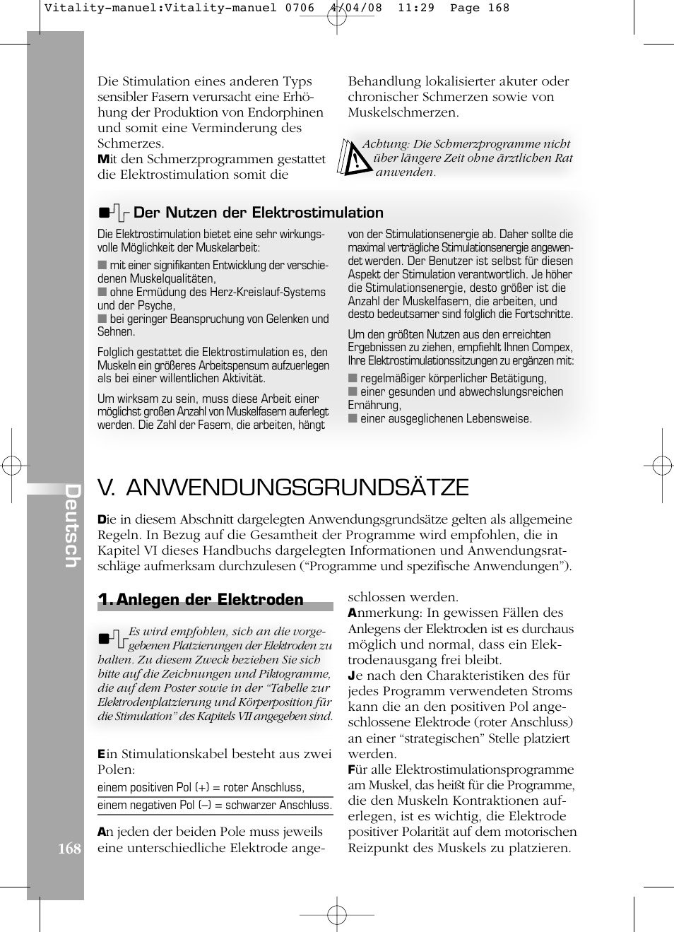V. anwendungsgrundsätze, Deutsch, Anlegen der elektroden | Compex Vitality User Manual | Page 168 / 308