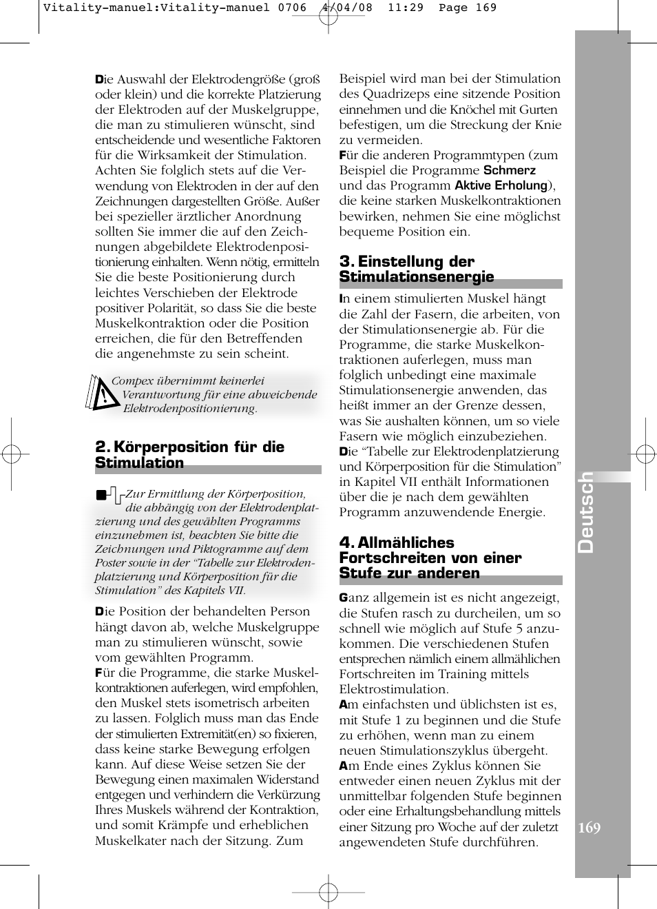 Deutsch, Körperposition für die stimulation, Einstellung der stimulationsenergie | Compex Vitality User Manual | Page 169 / 308