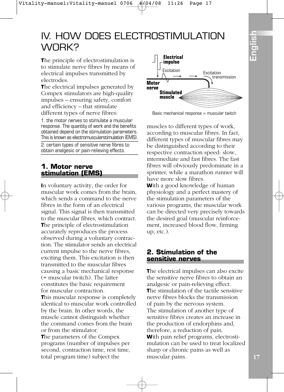 Iv. how does electrostimulation work, English, Motor nerve stimulation (ems) | Stimulation of the sensitive nerves | Compex Vitality User Manual | Page 17 / 308